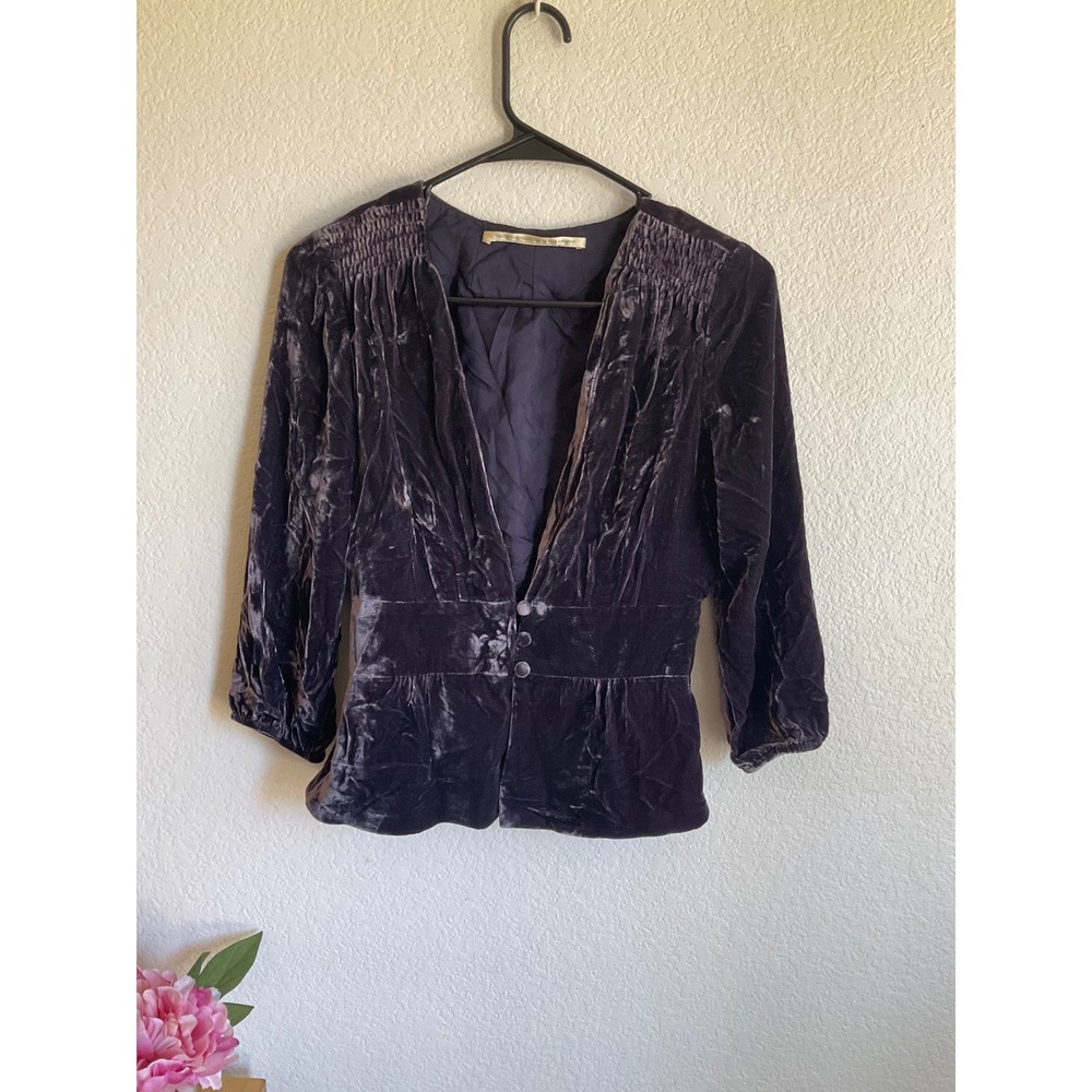 Twelfth Street by Cynthia Vincent Purple Velvet Peplum Top V-Neck Smocked Waist